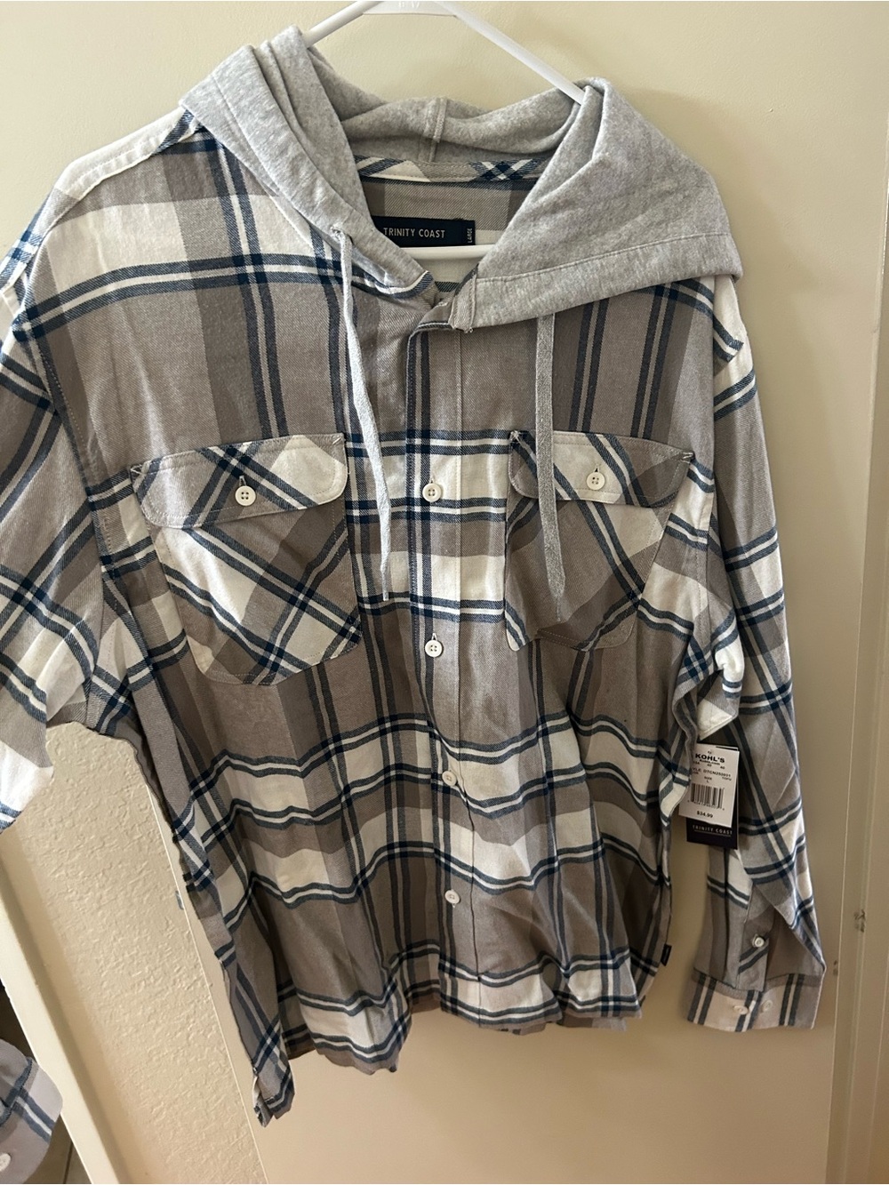 Trinity Hooded Plaid Shirt Jacket in Gray, Blue, Cream